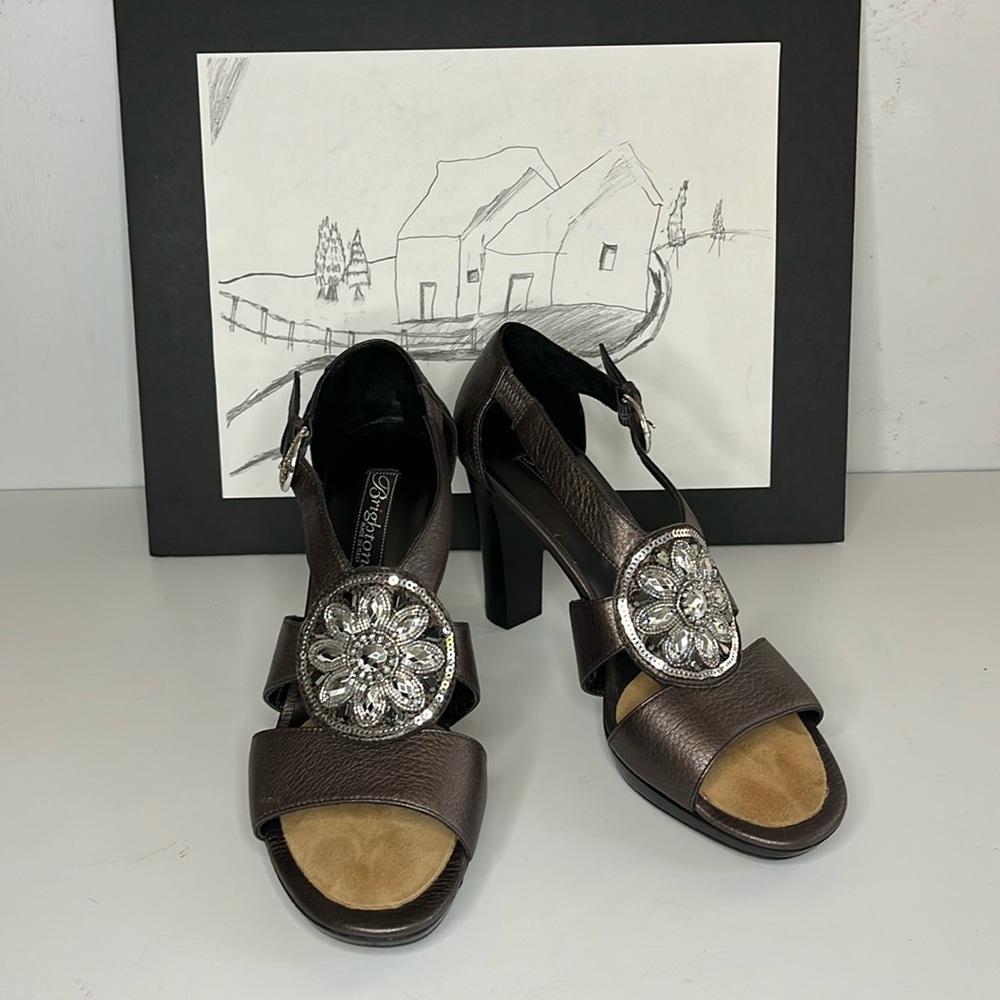Brighton Viva Pewter Metallic Rhinestone Heels Women’s Size 7.5 M